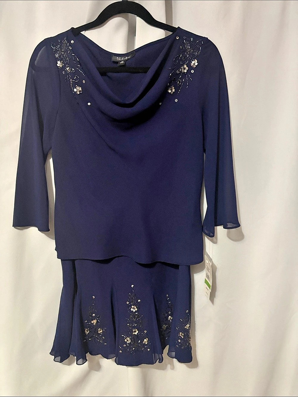 S.L. Fashions Legacy and Sheer Beaded Skirt Set Beaded Skirt Set in Blue Size 8P